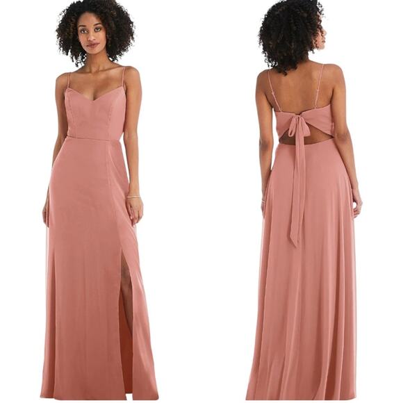 After Six Tie-Back Cutout Maxi Chiffon Dress Front Slit in Desert Rose Sz 2 NWT - Picture 1 of 12